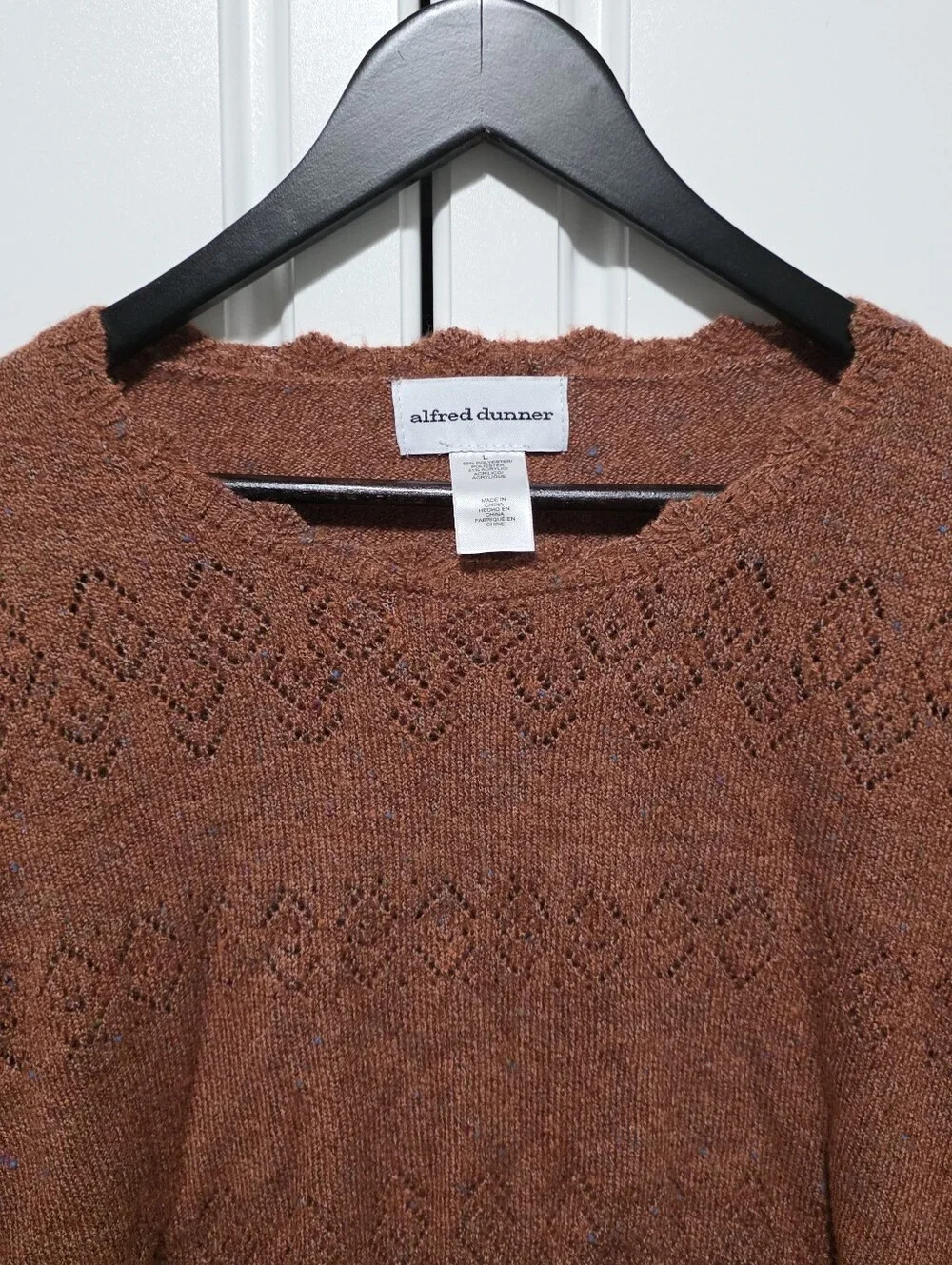 Alfred Dunner Womens Rust Brown Geometric Eyelet Knit Scallop Crewneck Sweater